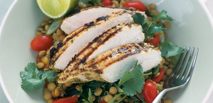 Grilled chicken with stir-fried spinach and chicken