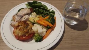 Tuna steaks with stuffed red peppers and veg